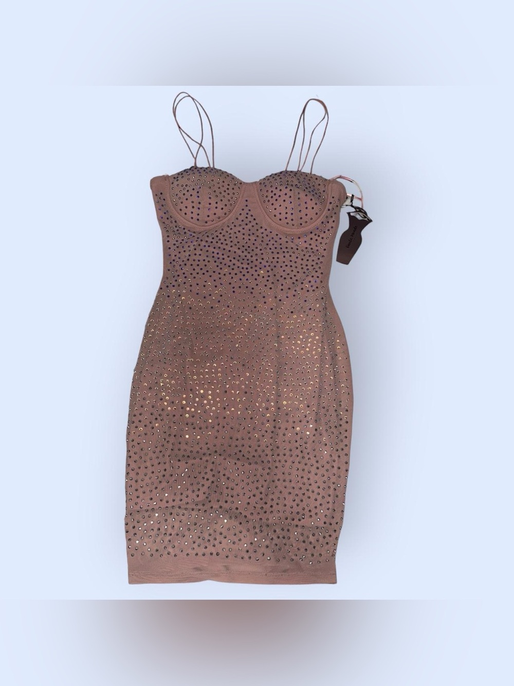 Haute Monde Embellished Mauve Bodycon Dress with Spaghetti Straps